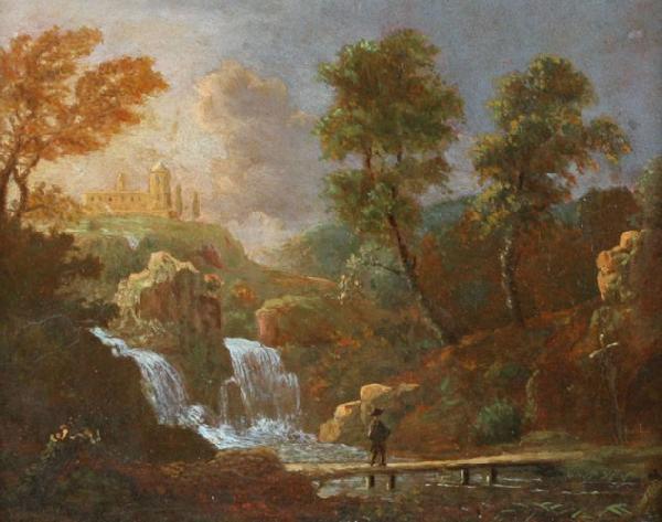  Landschap figuur op een brug bij een waterval